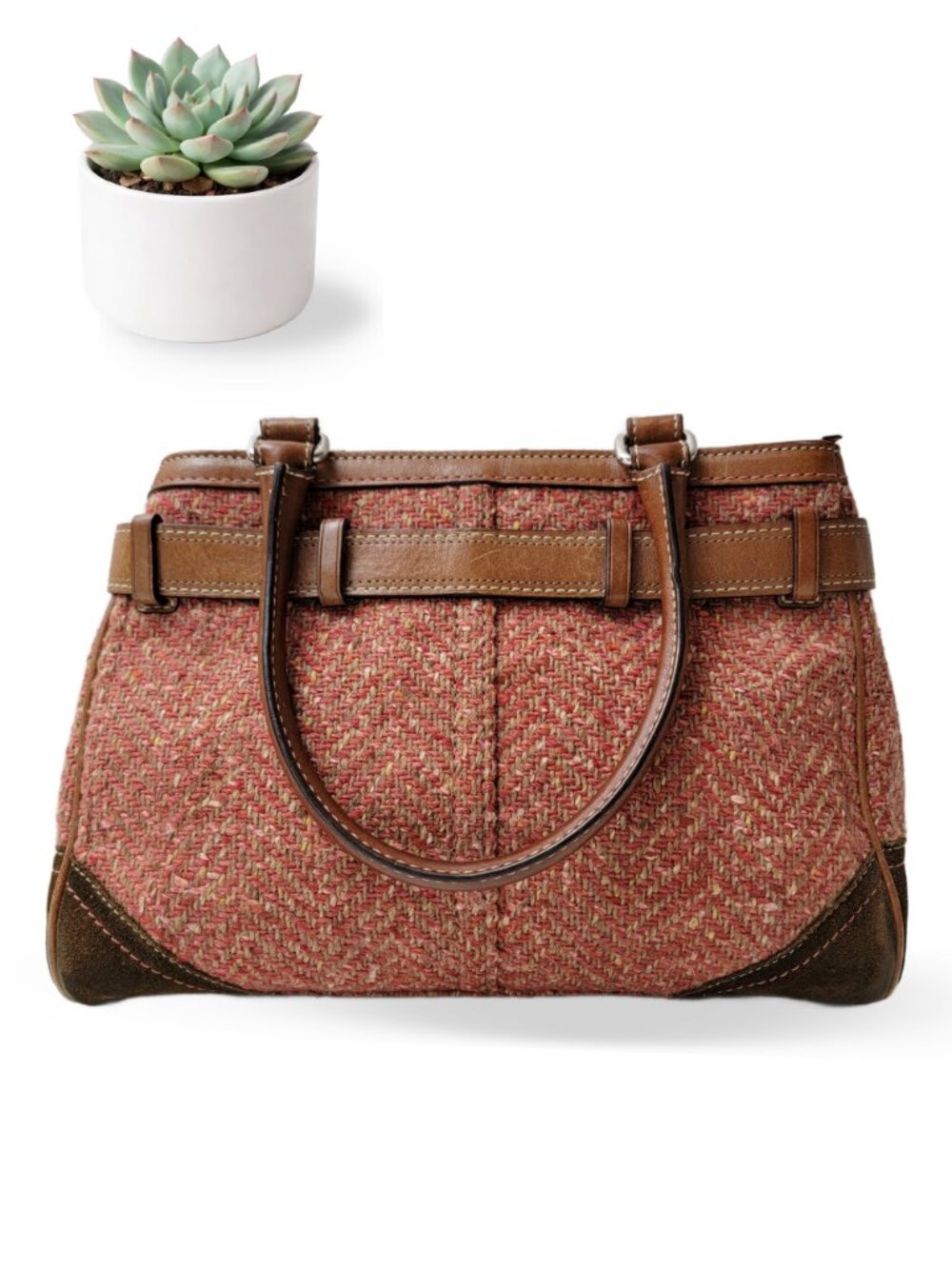 Coach Hampton Tweed Satchel Rose Herringbone Wool Leather Trim Bag Vintage F1121 - Picture 3 of 15